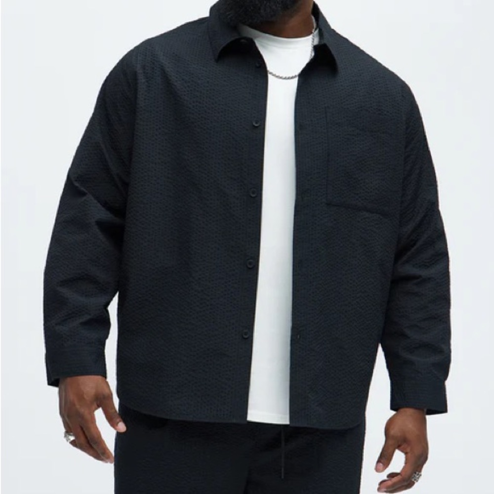 NovaMen Seersucker Long Sleeve Button Up Shirt - Black size 3XL